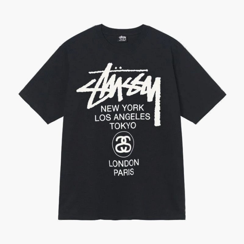 Stussy černé tričko s potiskem písmen: střih, měření na plocho a QC